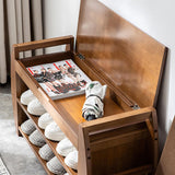 40.2" Rustic Bamboo Upholstered Entryway Flip Top Storage Shoe Rack Bench with 3 Shelves