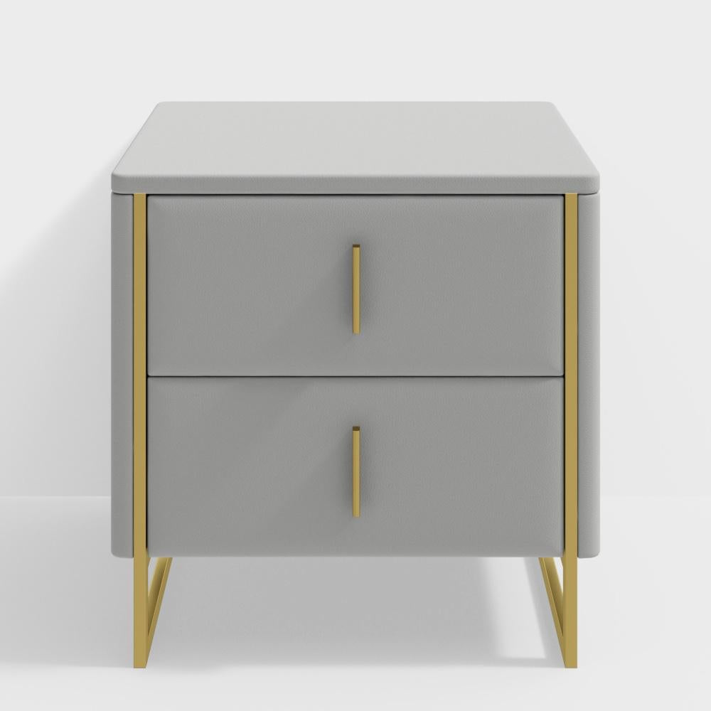 Modern Off White Nightstand 2-Drawer Faux Leather Bedside Table in Gold
