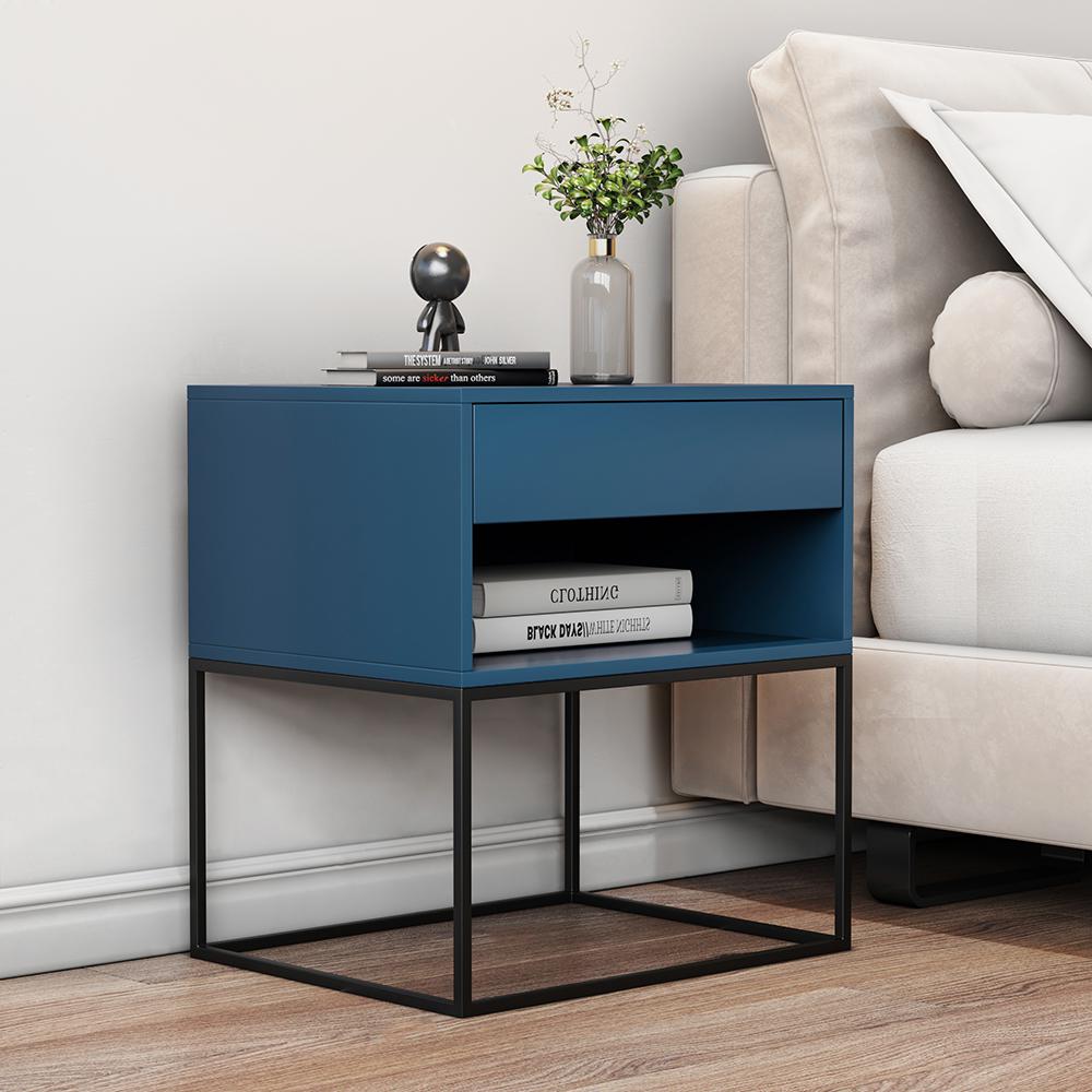 Blue Bedroom Nightstand with Drawer Bedside Table Metal Base