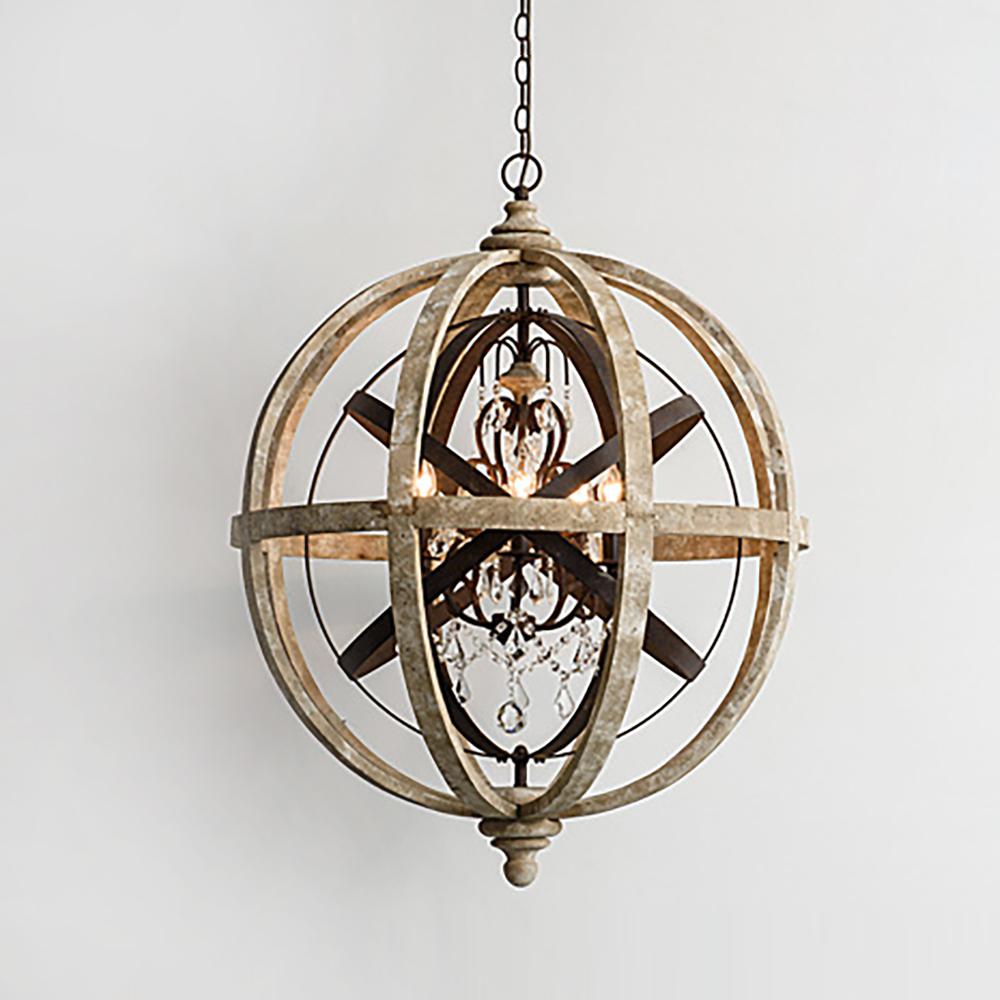 5-Light Retro Globe Weathered Wood Chandelier with Crystal Accents