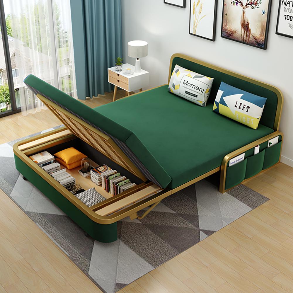 Modern Convertible Sofa Bed with Storage Velvet Upholstery in Beige & Gold