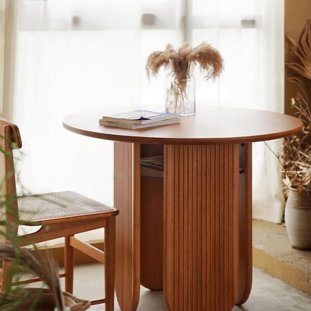 35" Farmhouse Storage Dining Room Table Cherry Round Wood Table for 4 Person