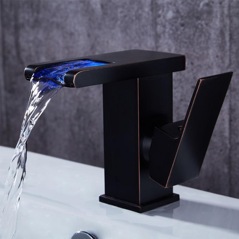 Jess Modern LED Waterfall Single Handle Brass Faucet Single Hole for Bathroom Sinks Antique Black