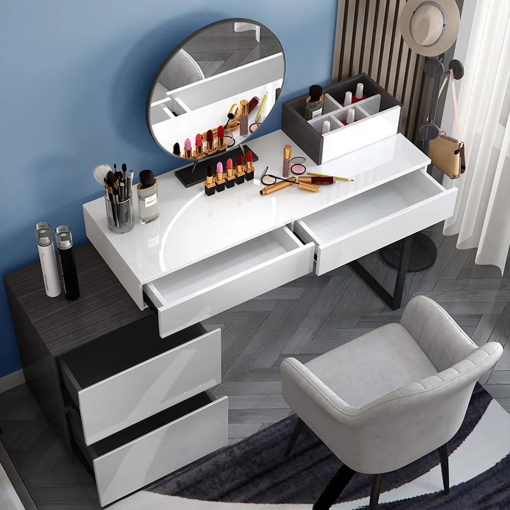 Glossy Black & White Extendable Makeup Vanity Dressing Table with Mirror & Side Cabinet