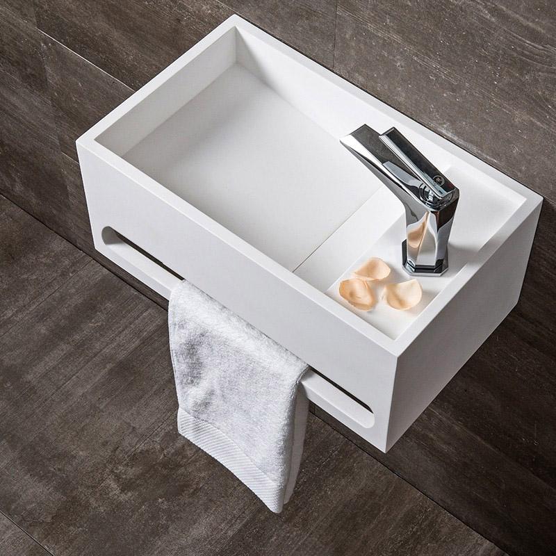 Stone Resin Solid Wall-Hung Bathroom Ramped Sink with Towel Bar in Glossy White