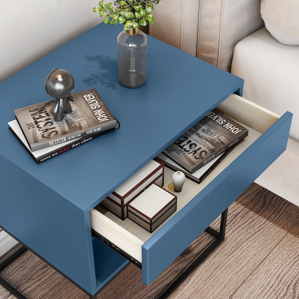 Blue Bedroom Nightstand with Drawer Bedside Table Metal Base