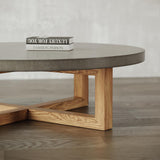 31" Round Concrete Gray Coffee Table with Cross Legs Pine Wood Base