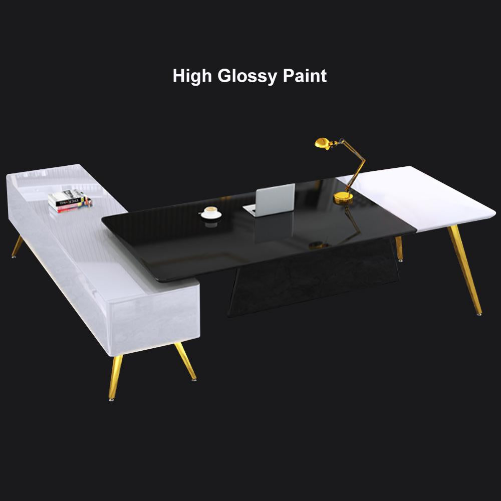 L-Shaped Modern Right Hand Corner Executive Desk with Storage in White & Gold & Black
