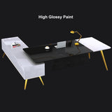 L-Shaped Modern Right Hand Corner Executive Desk with Storage in White & Gold & Black