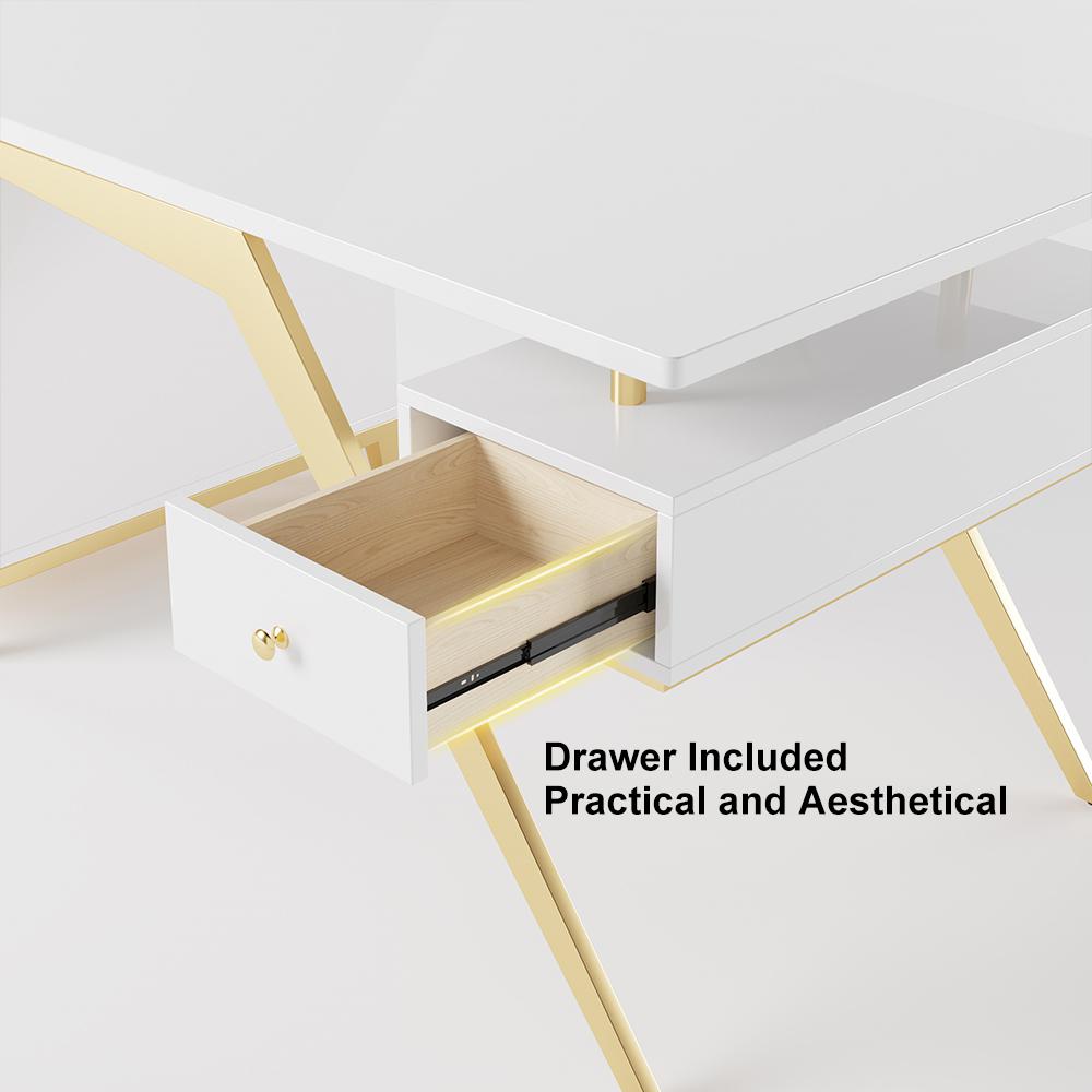 55" Ultra Modern White and Gold Computer Writing Desk with Storage & Drawer