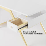 55" Ultra Modern White and Gold Computer Writing Desk with Storage & Drawer