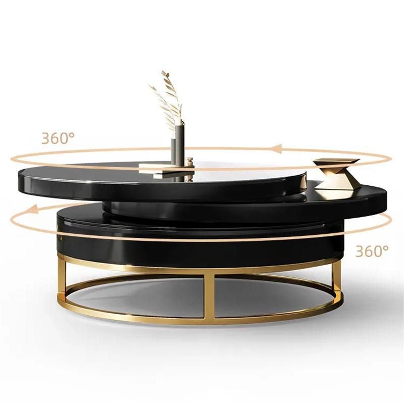 White Round Modern Wood Swivel Coffee Table with Storage Drawer in Gold