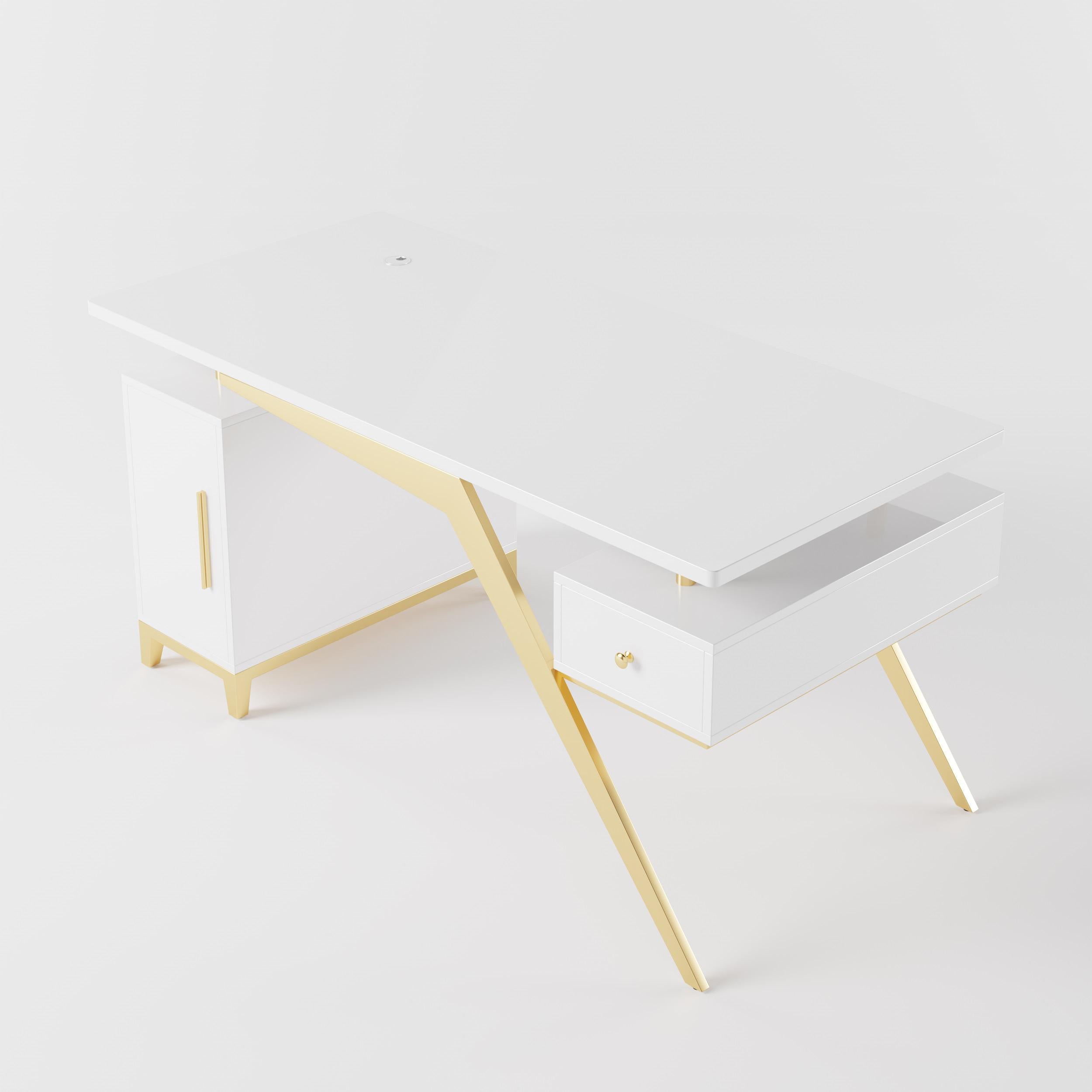 55" Ultra Modern White and Gold Computer Writing Desk with Storage & Drawer