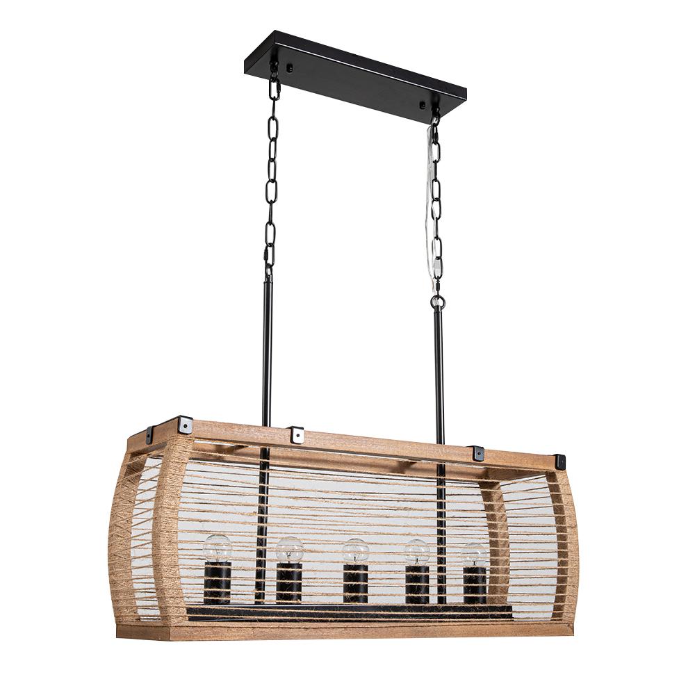 Rustic 5-Light Kitchen Island Linear Rectangle Pendant Light Wood Washed & Jute Rope