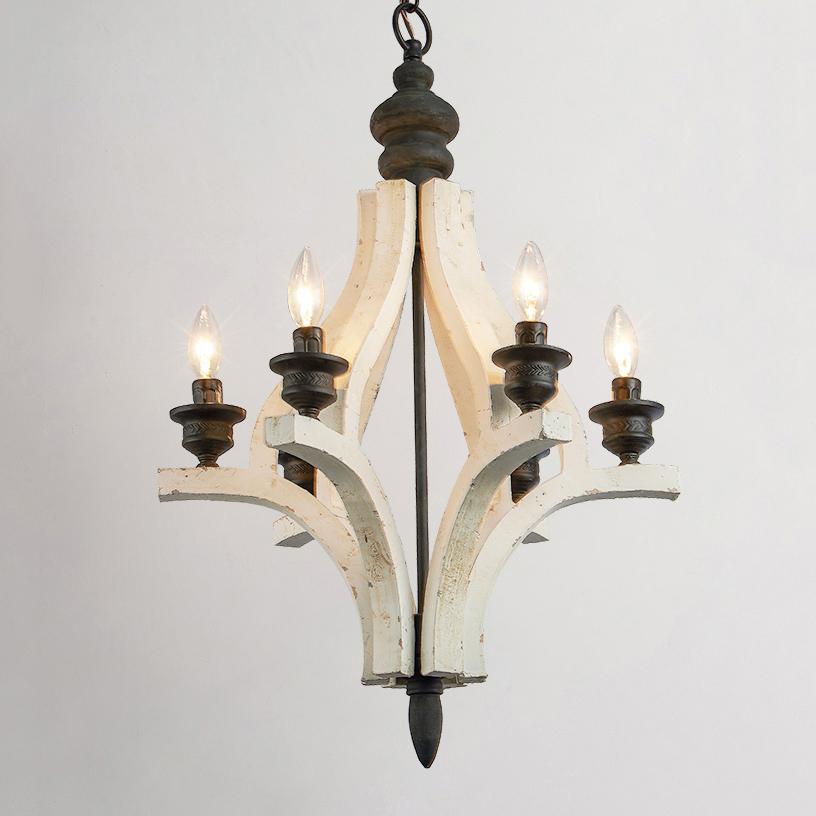Retro Reclaimed Distressed White Wood & Black Metal 6-Light Chandelier with Candle Light