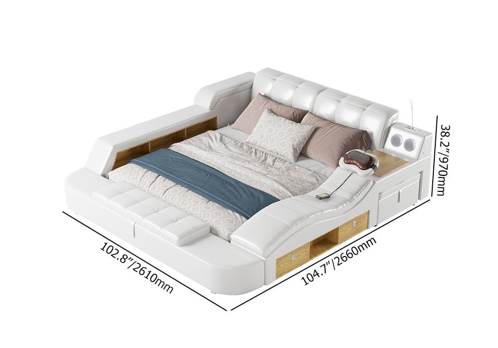 King White Smart Bed Faux Leather Bed with Charger, Massage & Speaker