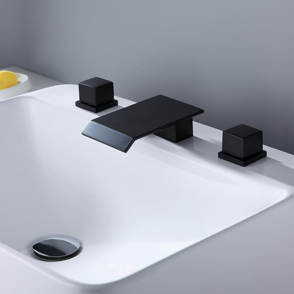 Moda Matte Black Waterfall Widespread Bathroom Sink Faucet Square Double Handle