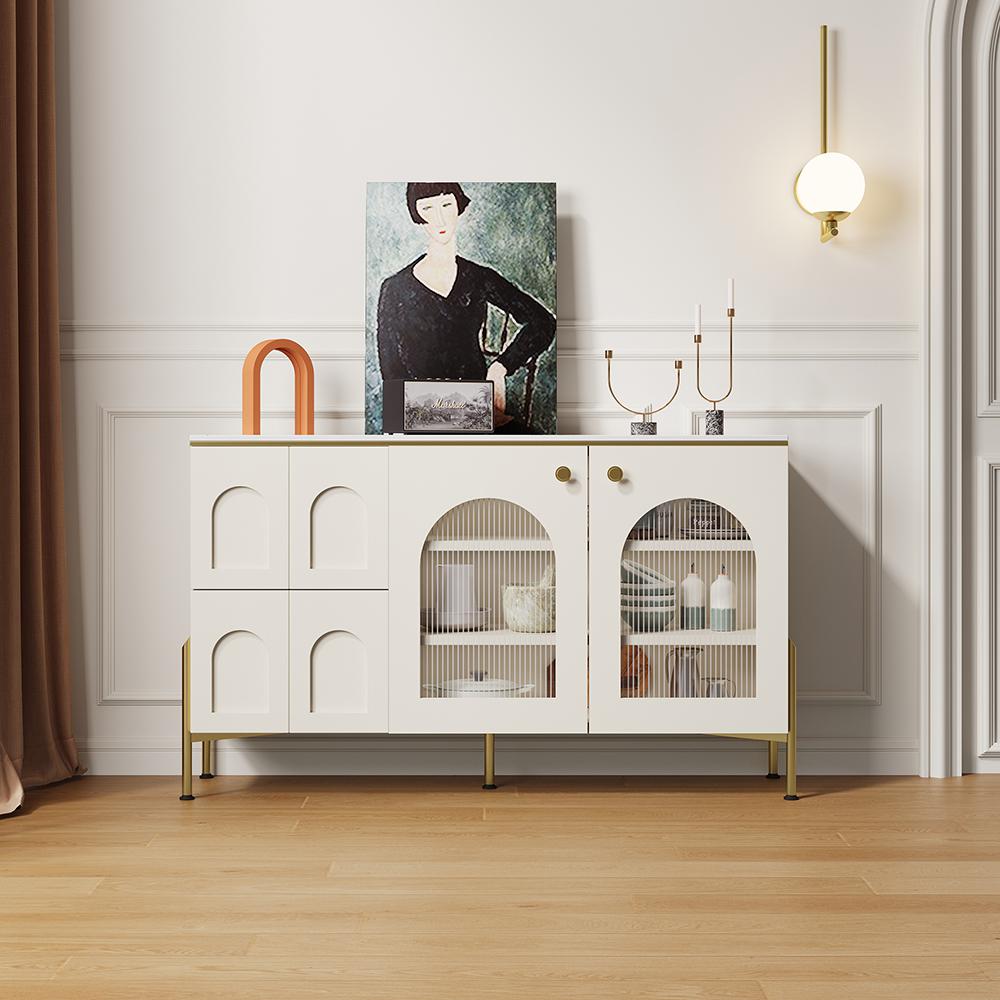 47" Modern White Arch Sideboard Buffet with 2 Doors & Drawers Carved Credenza