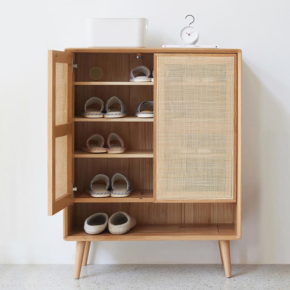 Farmhouse Natural Shoe Storage Cabinet Rattan 2 Doors & 4 Shelves Entryway Shoe Cabinet