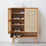 Farmhouse Natural Shoe Storage Cabinet Rattan 2 Doors & 4 Shelves Entryway Shoe Cabinet