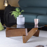 Mesa de centro redonda en negro y nogal con tapa de vidrio y base geométrica de madera de pino