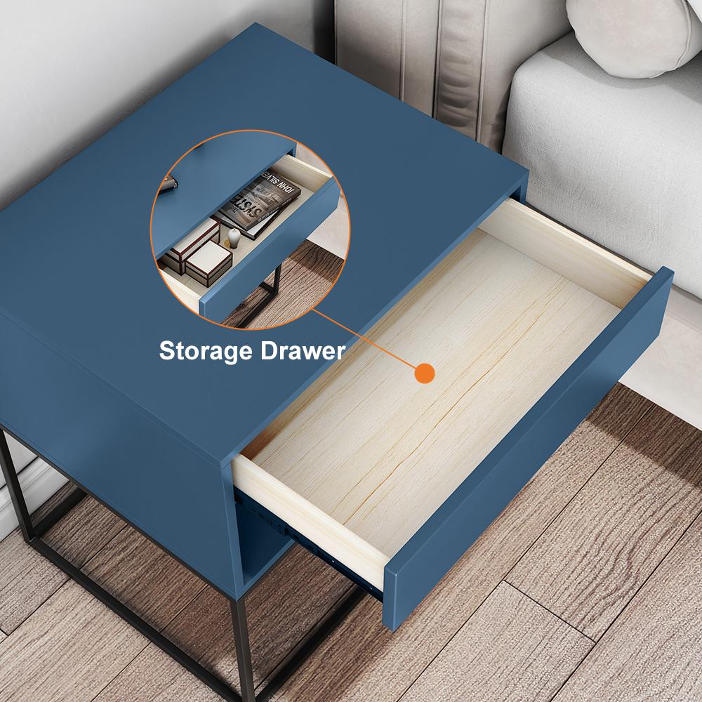 Blue Bedroom Nightstand with Drawer Bedside Table Metal Base