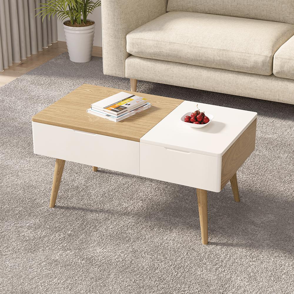 White & Natural Wooden Rectangular Multifunctional Coffee Table with Drawer Lift-Top Storage Table