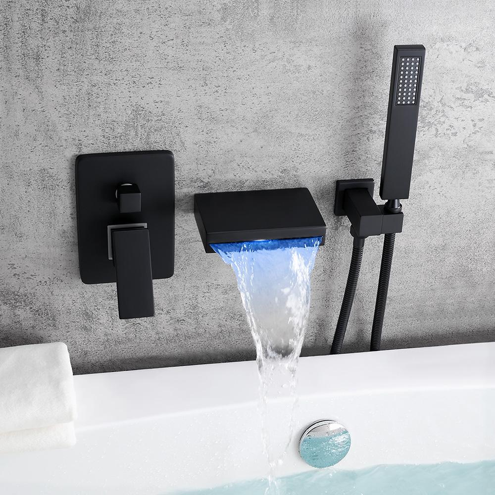 Contemporary Wall-Mount LED Waterfall Matte Black Bathtub Filler Faucet with Hand Shower