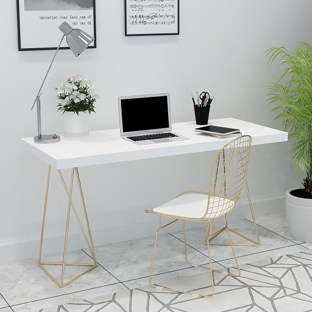 39" White Rectangular Wood-Top Writing Desk for Home Office with 2 Gold Pedestal