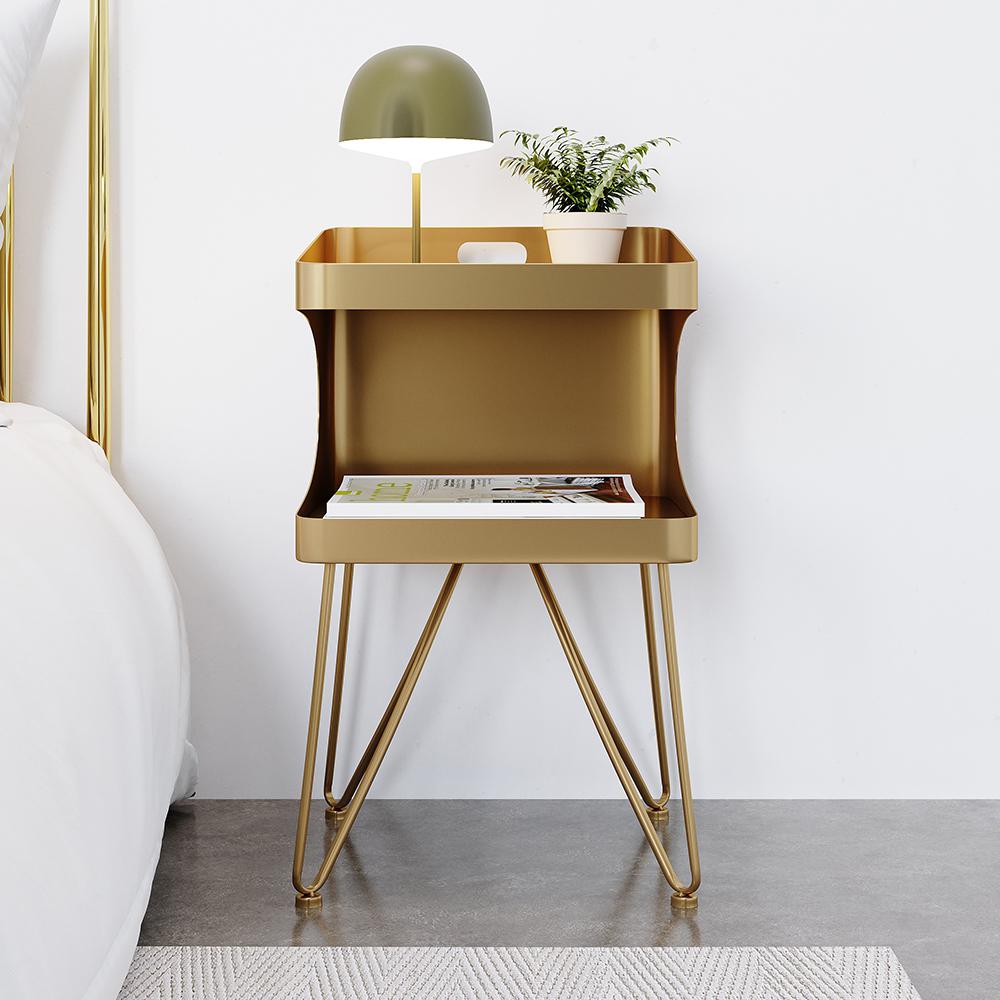 Nordic Gold Metal Nightstand with 2 Shelves and Handle Bedside Table