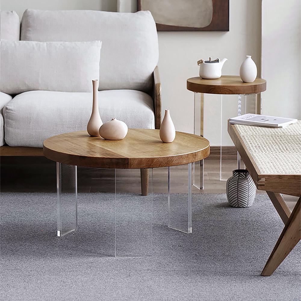 2 Piece Mid Century Modern Pine Wood & Acrylic Round Coffee Table Set in Natural