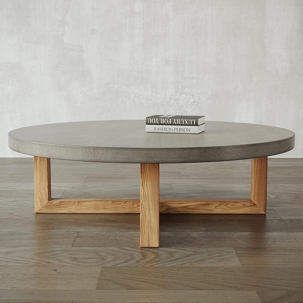 31" Round Concrete Gray Coffee Table with Cross Legs Pine Wood Base