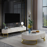 Epaule Modern Oval 71" TV Stand Faux Marble Top Media Stand with 3 Drawers in White