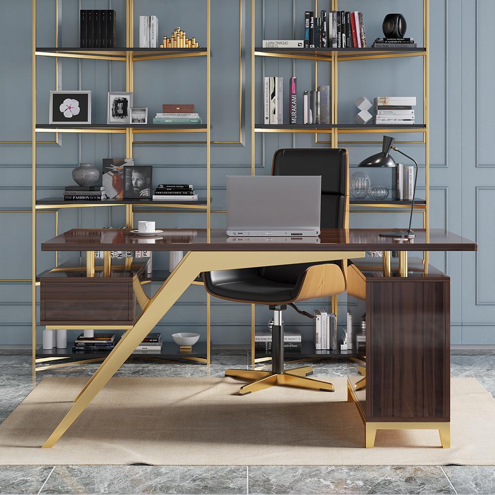 55" Ultra Modern White and Gold Computer Writing Desk with Storage & Drawer