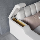 King White Smart Bed Faux Leather Bed with Charger, Massage & Speaker