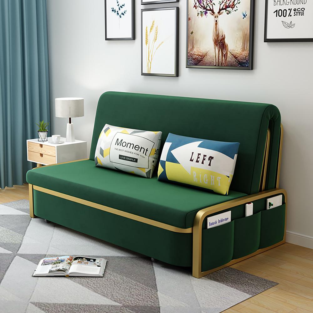 Modern Convertible Sofa Bed with Storage Velvet Upholstery in Beige & Gold