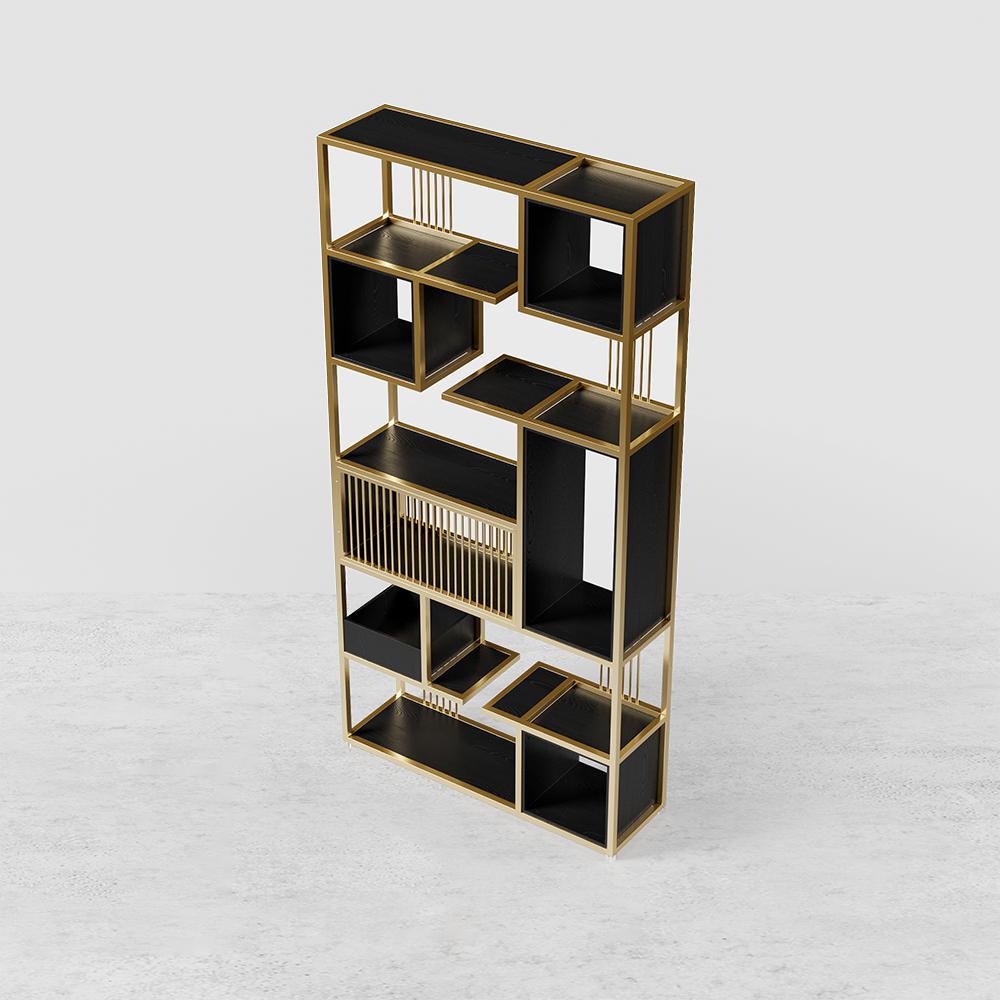 78" Modern Black Steel Geometric Bookcase 6-Tier Bookshelf Wooden Tall Book Shelf