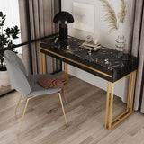 39" Rectangular White Office Desk with Drawers Marble Veneer Top Gold Hardware