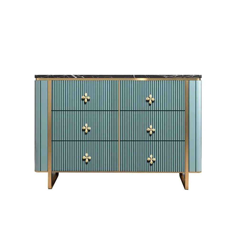47" Modern Blue Dresser Faux Marble Top Cabinet with 6 Drawers in Gold