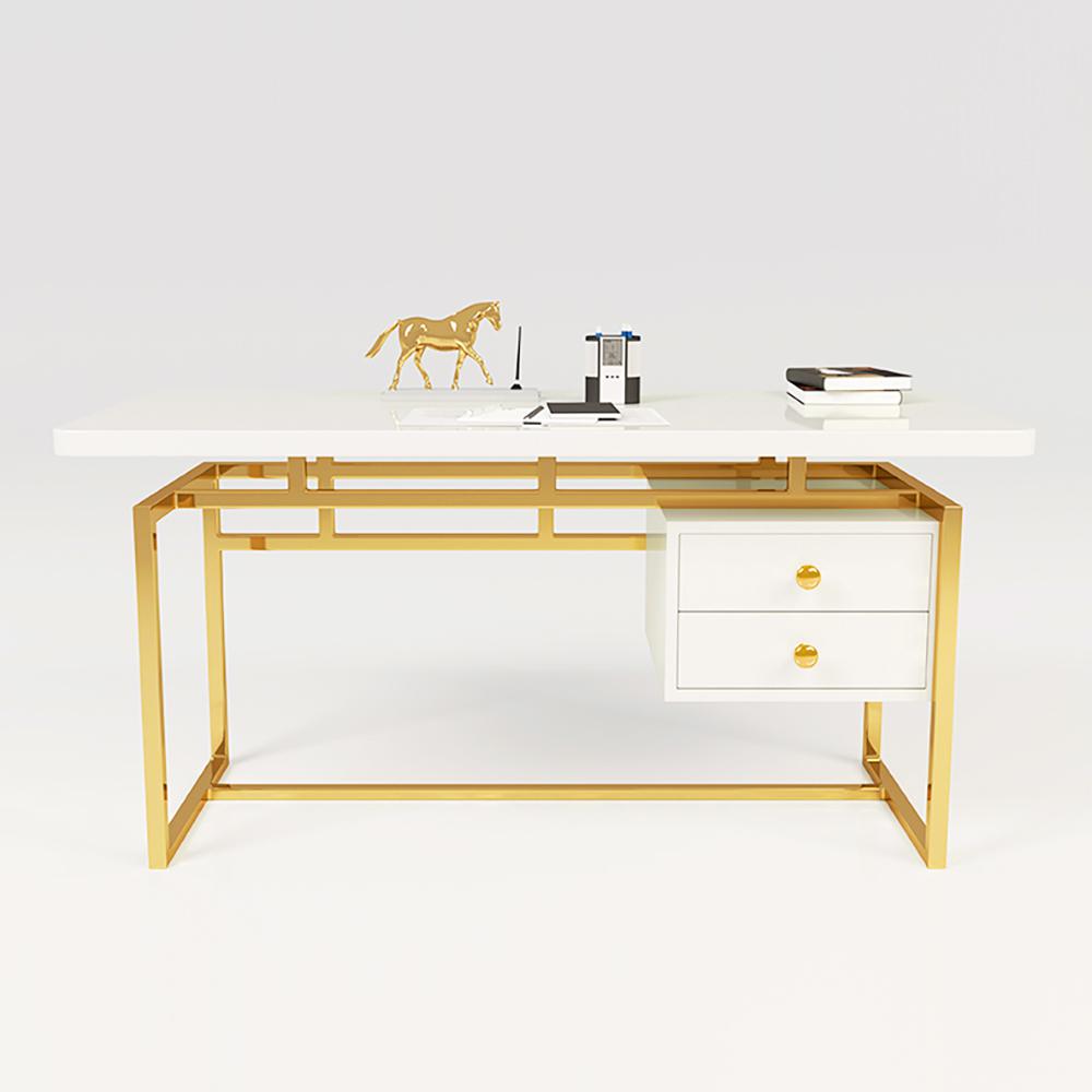 71" White Writing Desk Modern Computer Desk with 2-Drawer in Gold
