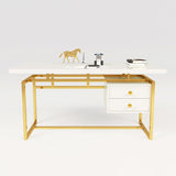 71" White Writing Desk Modern Computer Desk with 2-Drawer in Gold