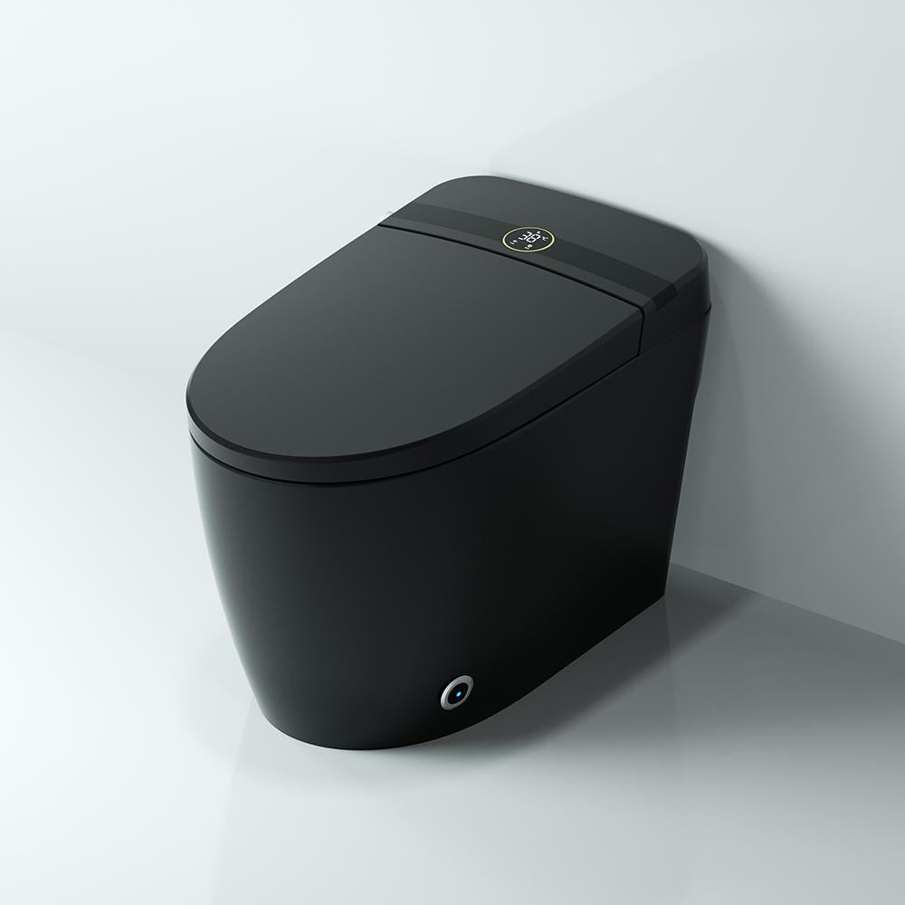 Elongated One-Piece Smart Toilet Floor Mounted Automatic Toilet in Black & Gold Rim