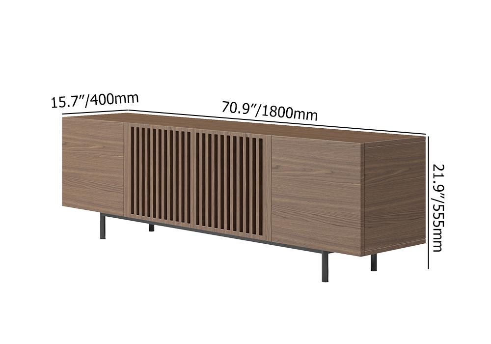 Minimalist Slatted Media Console Wood TV Stand in Walnut with Shelves for TVs Up to 80"