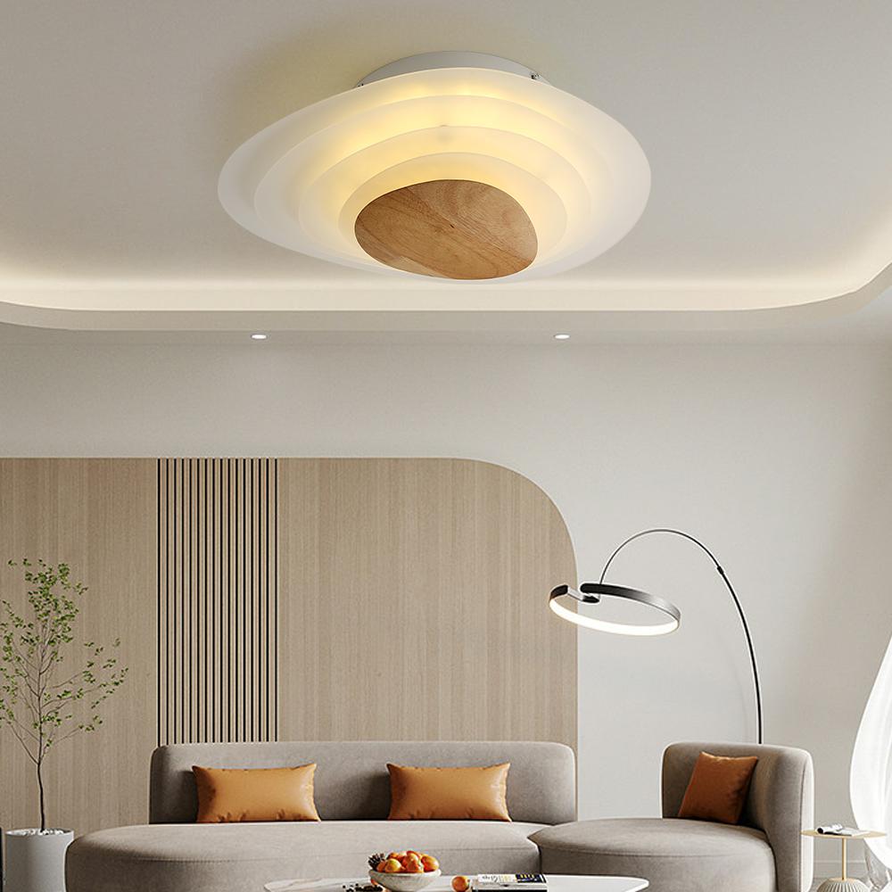 Minimalist LED White Flush Mount Ceiling Light Metal Arcylic and Wood