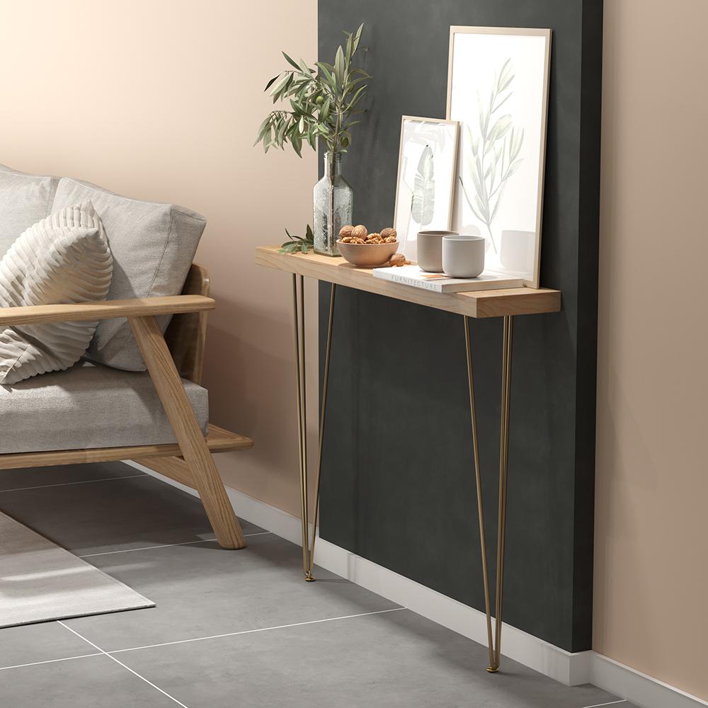 39" Modern Walnut Narrow Rectangular Console Table with Wooden Top Metal Legs