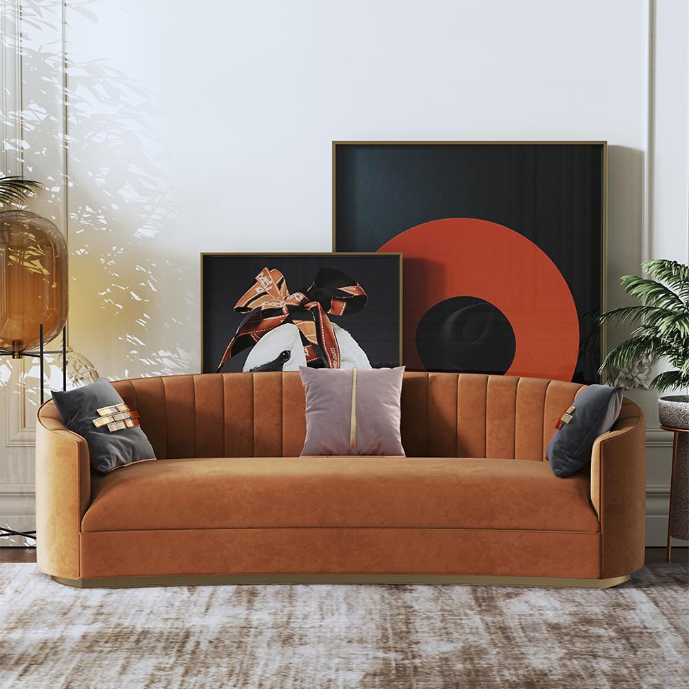 70.9" Modern Velvet Couch Curved Sofa in Orange with Stainless Steel Base