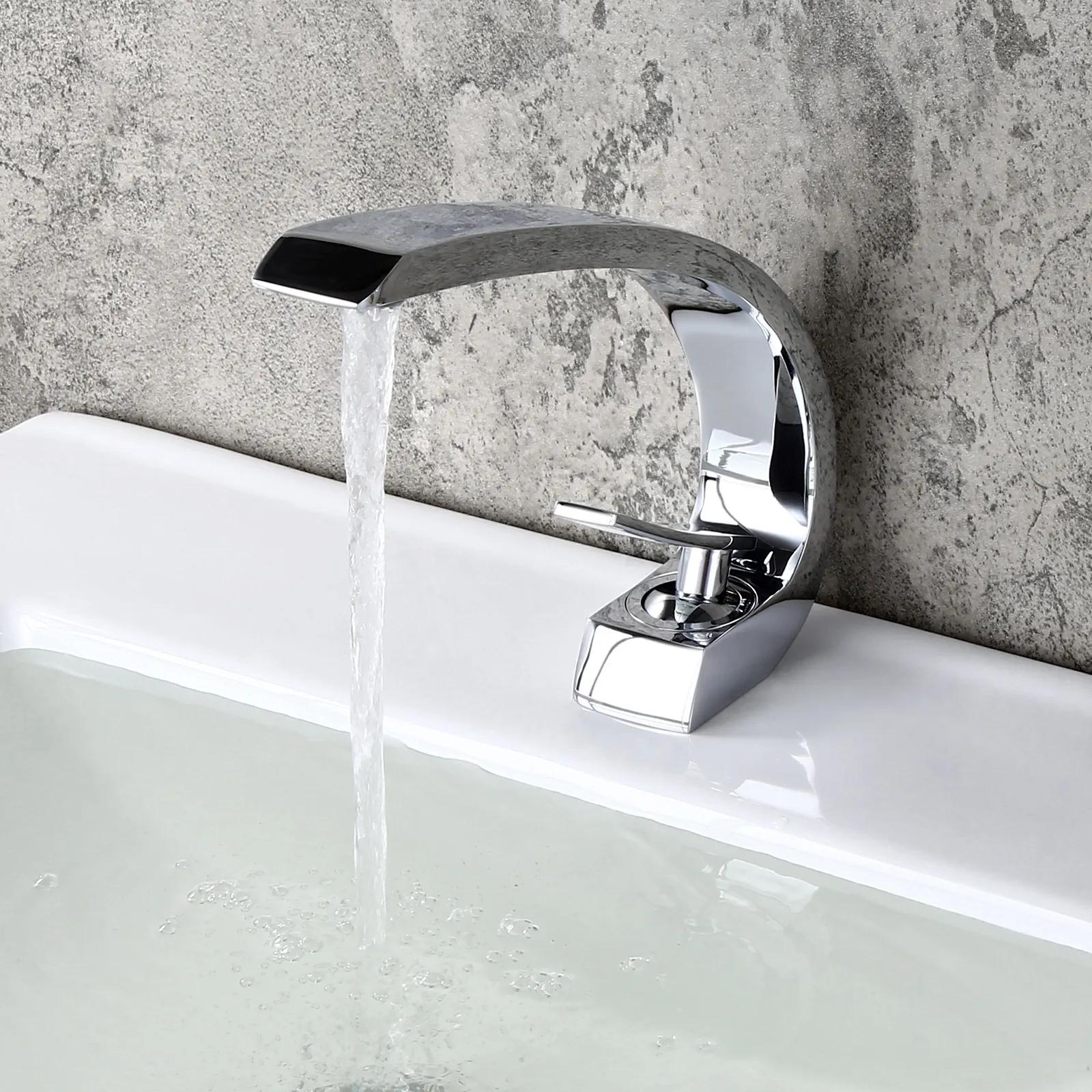Modern Single Hole 1-Handle C-Shaped Curved Spout Bathroom Sink Faucet with Pop Up Drain in Brushed Nickel