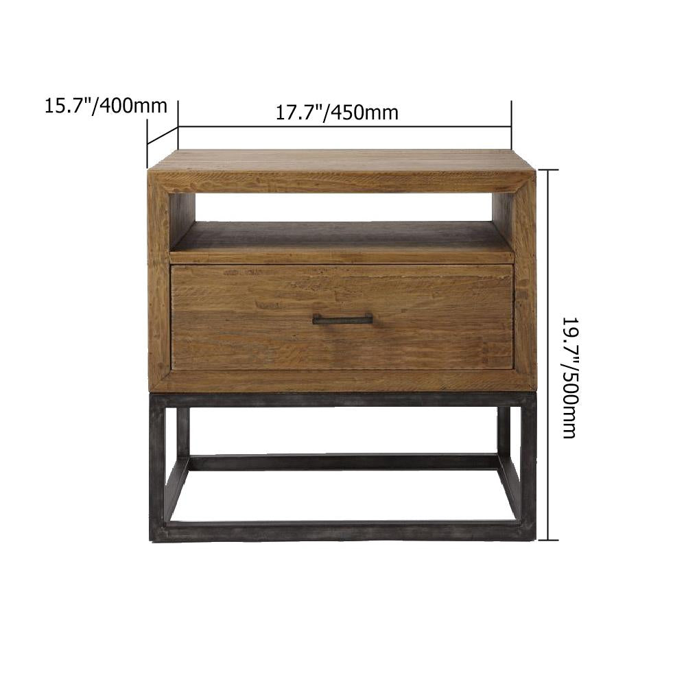 Industrial Nightstand Walnut Pine Wood Bedside Table with 1 Drawer in Black
