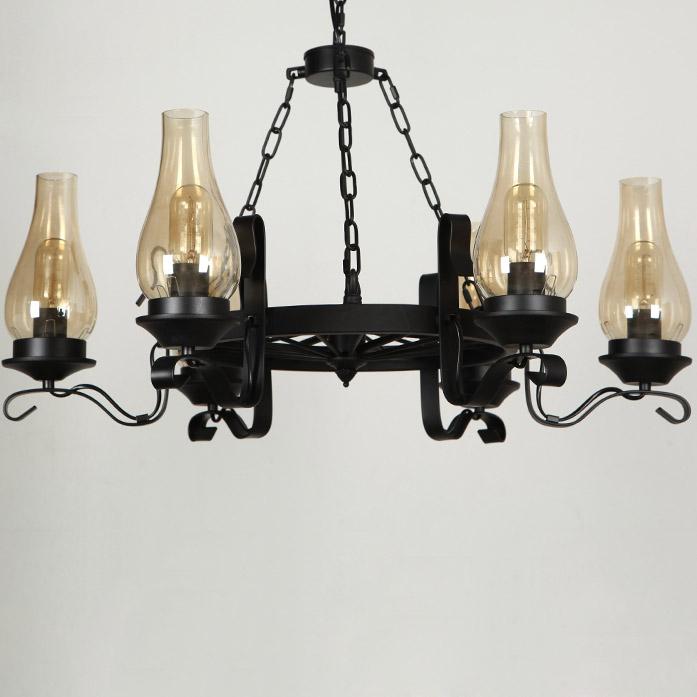 Massie Vintage Chimney Glass Shade 6-Light Chandelier Black Metal Wagon Wheel