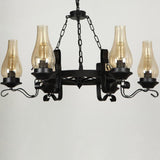 Massie Vintage Chimney Glass Shade 6-Light Chandelier Black Metal Wagon Wheel